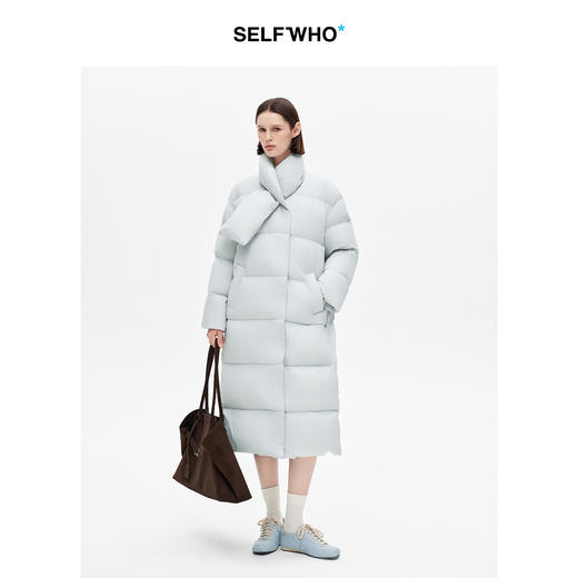 SELFWHO90白鸭绒经典围巾领长款羽绒服女2025冬新款防风保暖外套 商品图0