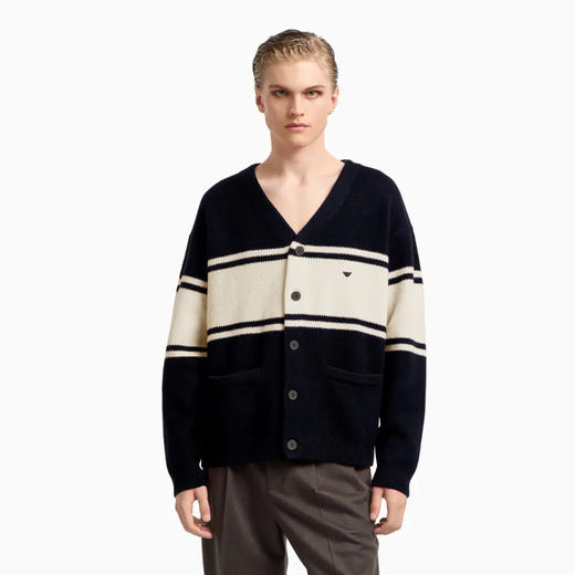 EMPORIO ARMANI 阿玛尼 男士小鹰徽标刺绣初剪羊毛V领针织开衫 深蓝色 EM002310 AF19440 MB343 商品图1