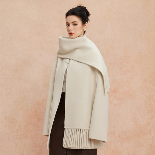 QH957斯尔丽25新款流苏围巾慵懒风廓形显瘦中长手工双面羊毛大衣 商品图7