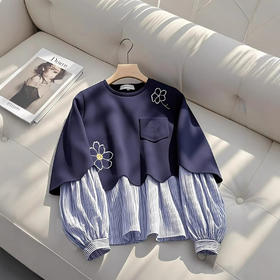 丁摩 秋季新款爆款美式宽松慵懒上衣藏蓝色假两件圆领卫衣女5ZF-4082