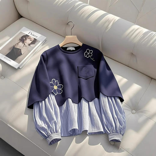 丁摩 秋季新款爆款美式宽松慵懒上衣藏蓝色假两件圆领卫衣女5ZF-4082 商品图0