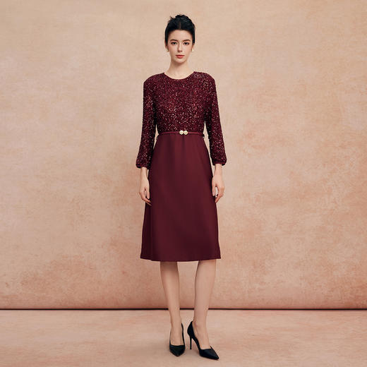 QG807斯尔丽25新款宴会喜妈妈亮片拼素色奢华简约腰线上抬显高连衣裙 商品图4