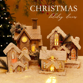 【云优选】圣诞发光雪景木屋 木质雪房子小木屋摆件 欧式复古原木小雪屋