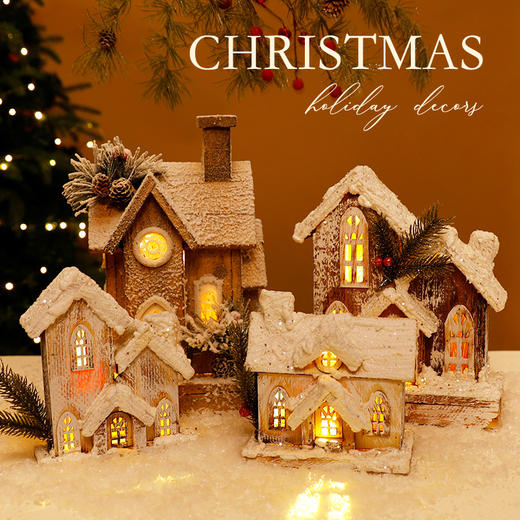 【圣诞发光雪景木屋】木质雪房子小木屋摆件 欧式复古原木小雪屋 商品图0