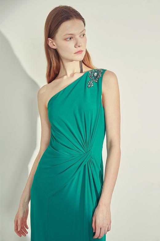 Adrianna Papell 孔雀绿单肩开衩优雅礼服 13690 商品图2