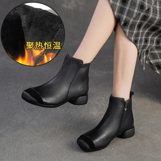 JZ65735-6 2025冬季新款加绒保暖头层牛皮复古粗跟短靴通勤棉鞋百搭女鞋 商品图2