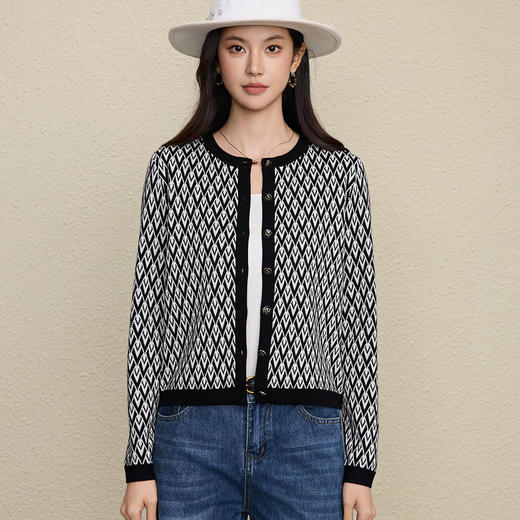 「高货rp」全新升级【铂金会员284/天猫379/差价95】(21351)洛诗琳老钱风菱格花纹羊毛开衫2025秋冬新款圆领毛衣外套 商品图3