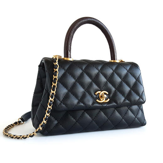 【95新】CHANEL香奈儿A92990 Y83569 N0735小号黑金荔枝皮红蜥蜴手柄Coco handle手提单肩包女士081125NJS03 商品图2