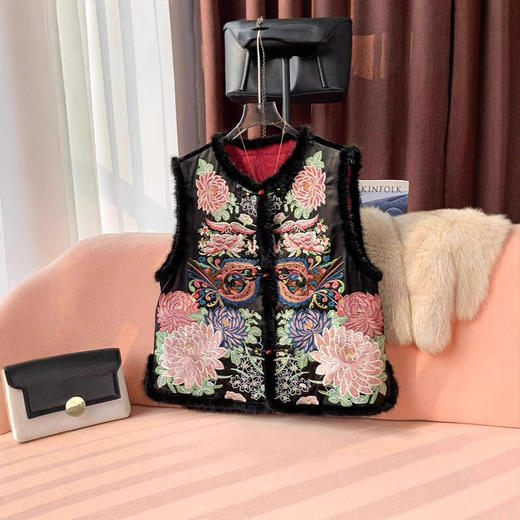 丁摩 醋酸新中式马甲棉服女秋冬款马夹重工国风刺绣背心夹棉外套5ZF-9678 商品图2