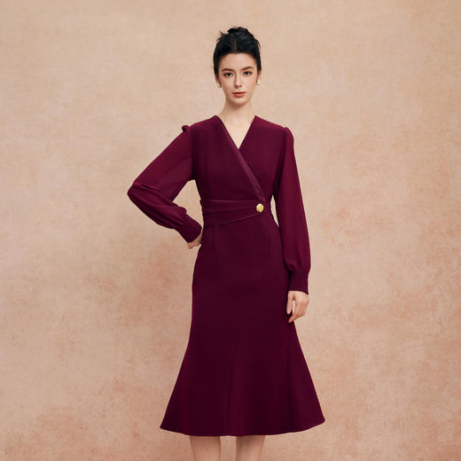 QG808斯尔丽2025新款宴会小礼服V型领收腰放摆鱼尾裙优雅知性连衣裙 商品图0