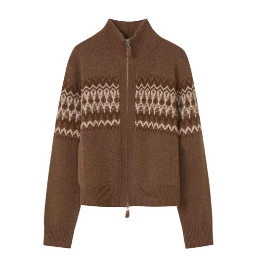 朗姿同款费尔岛双拉链提花羊毛针织混纺开衫 商品图12