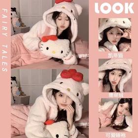 【超暖❗️敲可爱珊瑚绒家居服】一触即暖，心机显瘦，防风收束袖口，卡通猫居家睡袍女冬季新款加厚连帽高级感可外穿睡衣