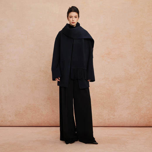 QH957斯尔丽25新款流苏围巾慵懒风廓形显瘦中长手工双面羊毛大衣 商品图3