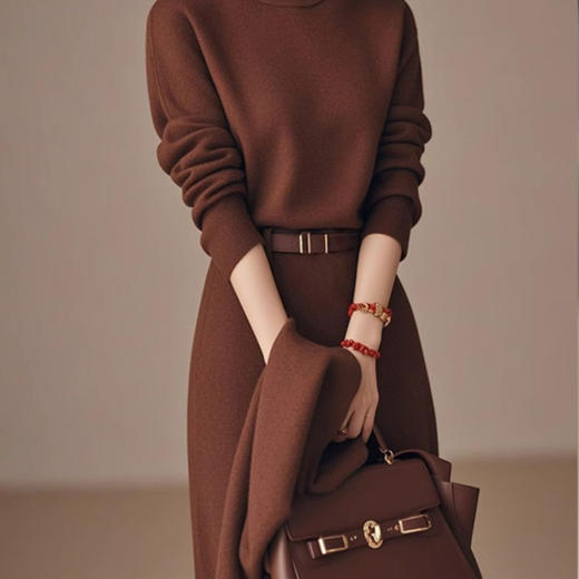 【预售3天】咖色短袖高领裙子秋冬大衣气质2025新款中长款漂亮针织连衣裙WJj76PbB 商品图2