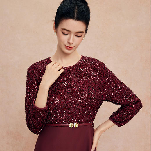 QG807斯尔丽25新款宴会喜妈妈亮片拼素色奢华简约腰线上抬显高连衣裙 商品图2