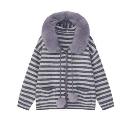 【YW】无忧购韩系学院风条纹连帽针织开衫女装慵懒风毛领外套2748#（截单后3-5天发货） 商品图5