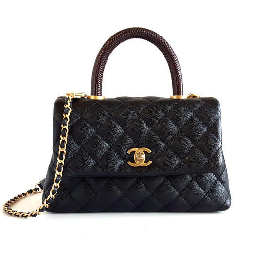 【95新】CHANEL香奈儿A92990 Y83569 N0735小号黑金荔枝皮红蜥蜴手柄Coco handle手提单肩包女士081125NJS03 商品图0