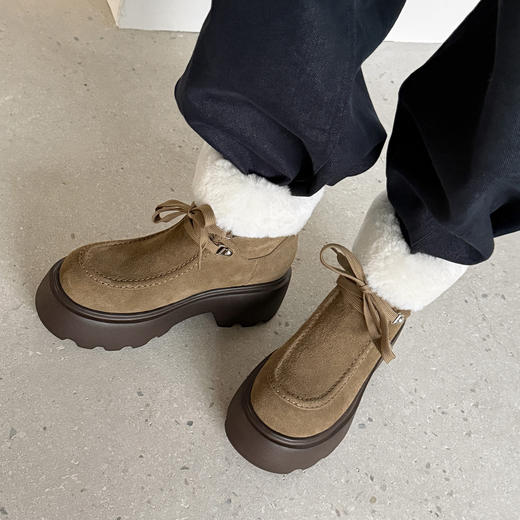 OLD DQ9785W复古圆头厚底雪地靴真皮加厚绒短靴系带舒适保暖毛毛靴 商品图3