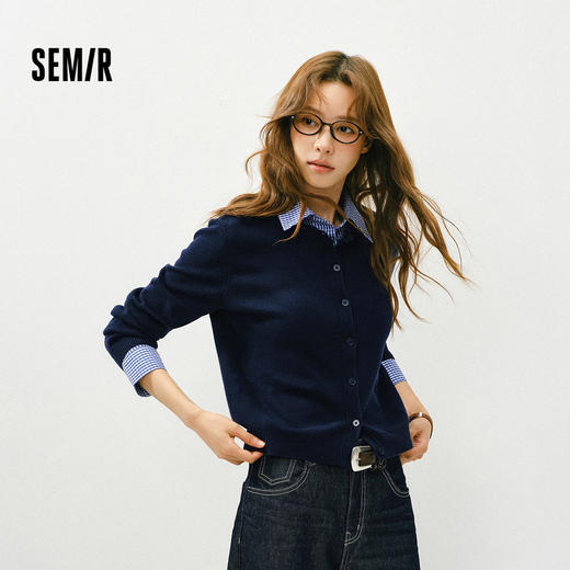 森马针织开衫女春季短款可拆卸格纹衬衫领上衣拼接百搭通勤打底衫 商品图0