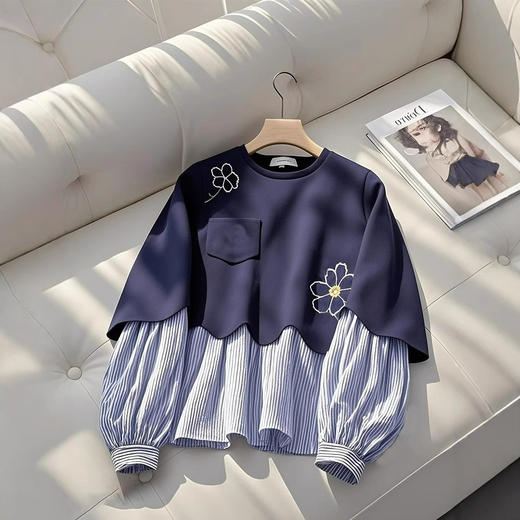 丁摩 秋季新款爆款美式宽松慵懒上衣藏蓝色假两件圆领卫衣女5ZF-4082 商品图1