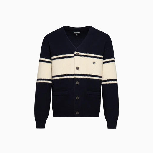 EMPORIO ARMANI 阿玛尼 男士小鹰徽标刺绣初剪羊毛V领针织开衫 深蓝色 EM002310 AF19440 MB343 商品图0