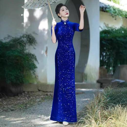 亮片时尚走秀旗袍，妈妈婚宴改良加大码鱼尾礼服演出服	 25111317 商品图1