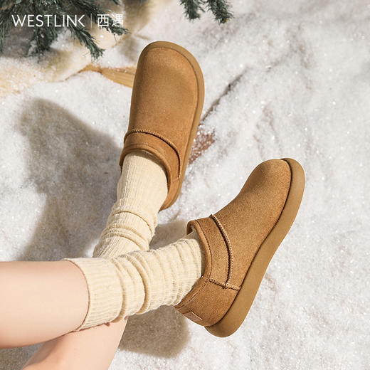 西遇加绒雪地靴女新款冬季复古百搭低帮短靴外穿保暖加厚棉鞋V2457329 商品图1