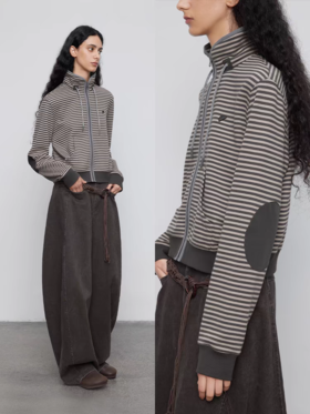 半圆/Q5151824/加绒加厚条纹长袖卫衣外套