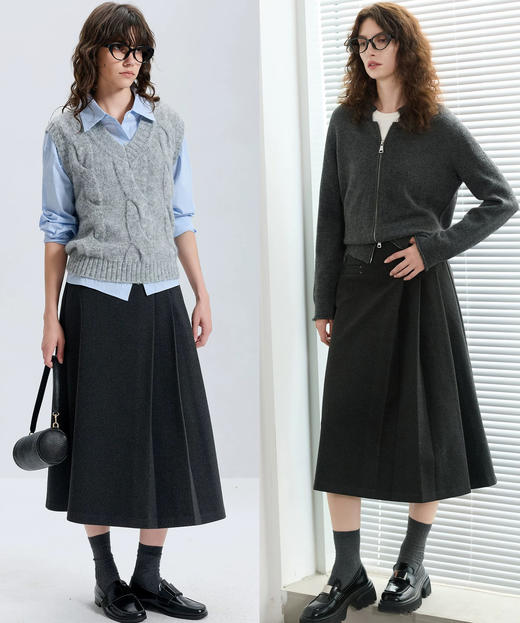 冬季软糯厚款遮胯显瘦百褶智性半身裙 商品图2