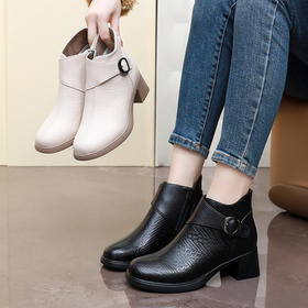 丁摩 秋冬季粗中跟软底头层牛皮加绒保暖短靴女单靴5ZF-7233