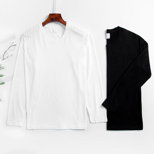 买一送一新款220g重磅白色棉长袖t恤男女圆领文化衫纯色青年休闲打底衫 商品图0
