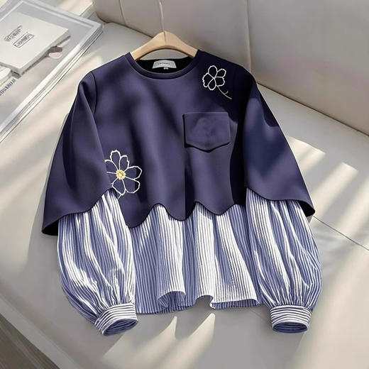 丁摩 秋季新款爆款美式宽松慵懒上衣藏蓝色假两件圆领卫衣女5ZF-4082 商品图4