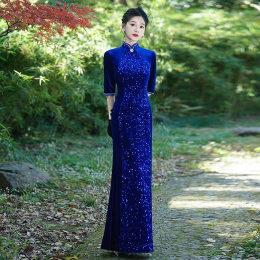 亮片时尚走秀旗袍，妈妈婚宴改良加大码鱼尾礼服演出服	 25111317 商品图0