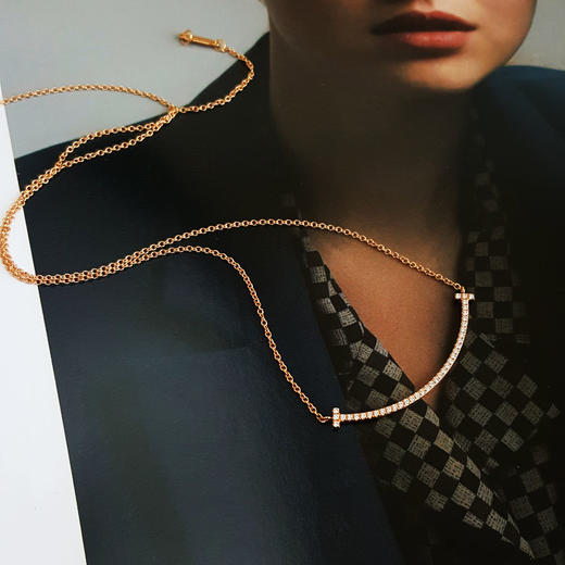 【95新】Tiffany & Co.蒂芙尼Tiffany T 系列小号18K玫瑰金满钻笑脸Smile项链链长约41cm女士101125NJS52 商品图2