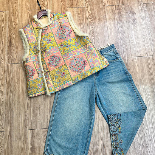 OG 8725新中式时尚斜襟宽松显瘦气质提花棉衣水貂毛加厚保暖马甲 商品图1