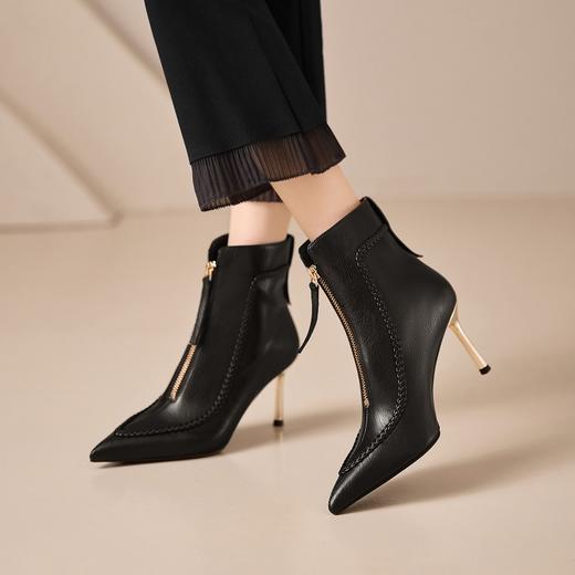 【预售5天】8cm真皮高跟短靴细跟尖头气质单靴裸靴秋冬季加绒皮靴舒适显瘦JGG*J7007-6 商品图2