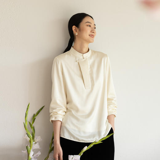 牧衣游原创 22姆米重磅真丝净色衬衫新款打条复古中式上衣 花雨榭 商品图0