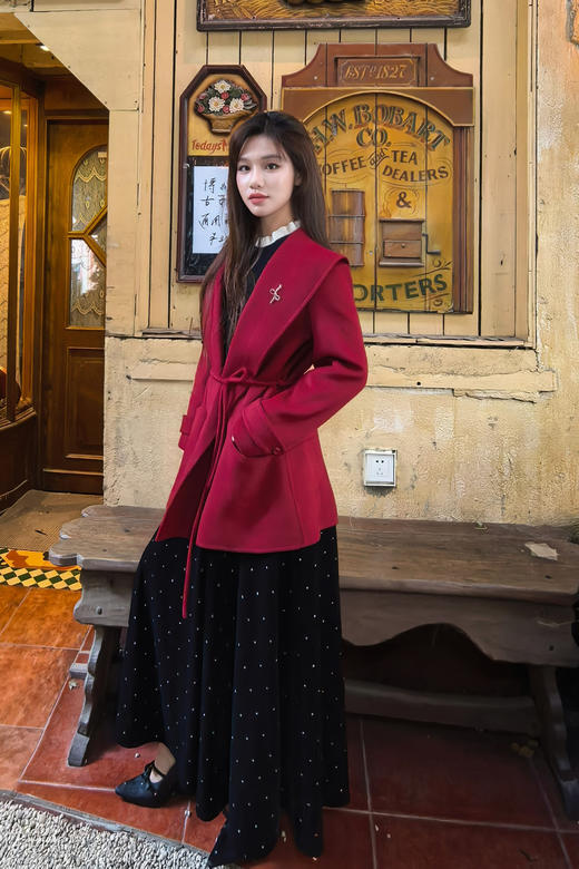 逸红颜明月优选#羊绒羊毛大衣『启运』浴袍领细系带收腰双面呢大衣，新年热烈红浓郁复古 商品图1