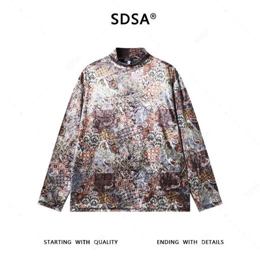 T5050SDSA秋冬新款痞帅男装潮牌撞色抽象植物花卉半高领长袖T恤百搭 商品图1