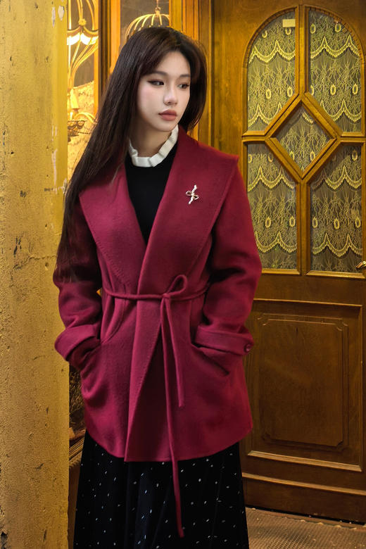 逸红颜明月优选#羊绒羊毛大衣『启运』浴袍领细系带收腰双面呢大衣，新年热烈红浓郁复古 商品图2