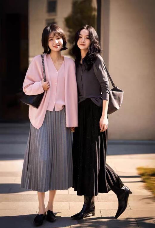 日落金山洒金秋冬百褶醋酸羊毛混纺高腰A字半身裙 商品图0