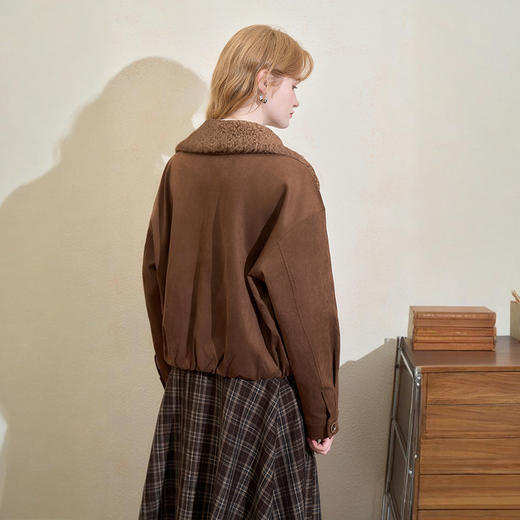 西遇复古麂皮绒加厚短款外套女冬季翻领拉链机车服夹克棉服V3755293 商品图4