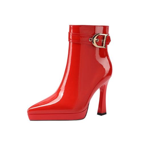 CDCD3F3030B#1179款红色法式小高跟短靴女款配裙子尖头及踝靴秋冬真皮粗跟女靴子婚鞋 商品图4