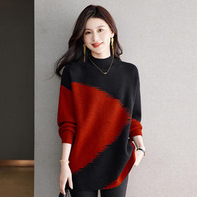 丁摩 秋冬女装中长款半高领撞色毛衣026-6106