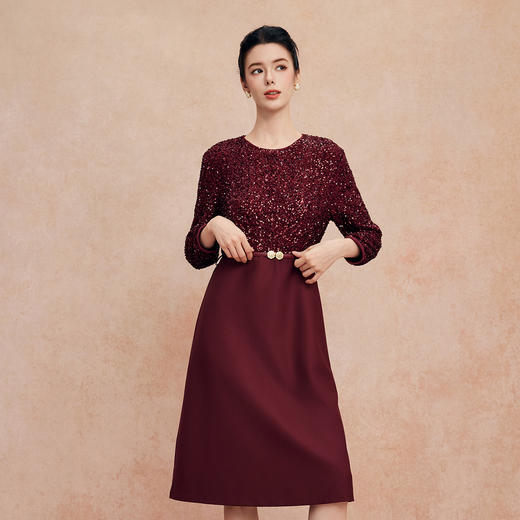 QG807斯尔丽25新款宴会喜妈妈亮片拼素色奢华简约腰线上抬显高连衣裙 商品图0