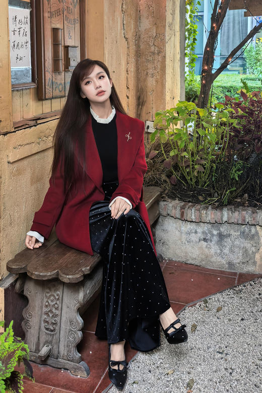 逸红颜明月优选#羊绒羊毛大衣『启运』浴袍领细系带收腰双面呢大衣，新年热烈红浓郁复古 商品图10