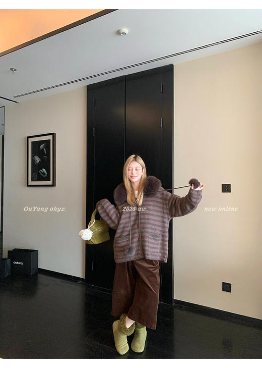 【YW】无忧购韩系学院风条纹连帽针织开衫女装慵懒风毛领外套2748#（截单后3-5天发货） 商品图3