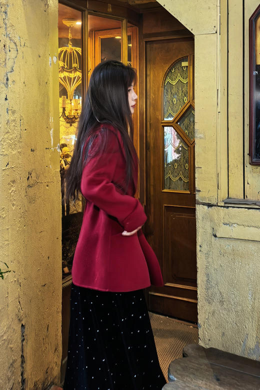 逸红颜明月优选#羊绒羊毛大衣『启运』浴袍领细系带收腰双面呢大衣，新年热烈红浓郁复古 商品图4