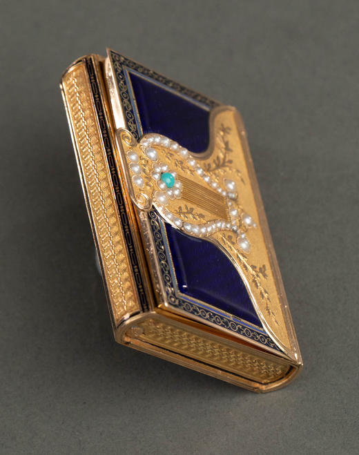 独角鹿西洋古董19世纪瑞士名坊Jean-Georges Rémond签名出品竖琴造型18K黄金精雕镶嵌珍珠绿松石及玑镂珐琅信封式音乐盒 商品图5