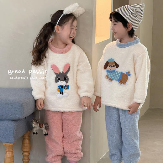 暖绒绒~儿童珊瑚绒家居服2025秋冬男童女童加厚保暖米粒绒睡衣套装 商品图1